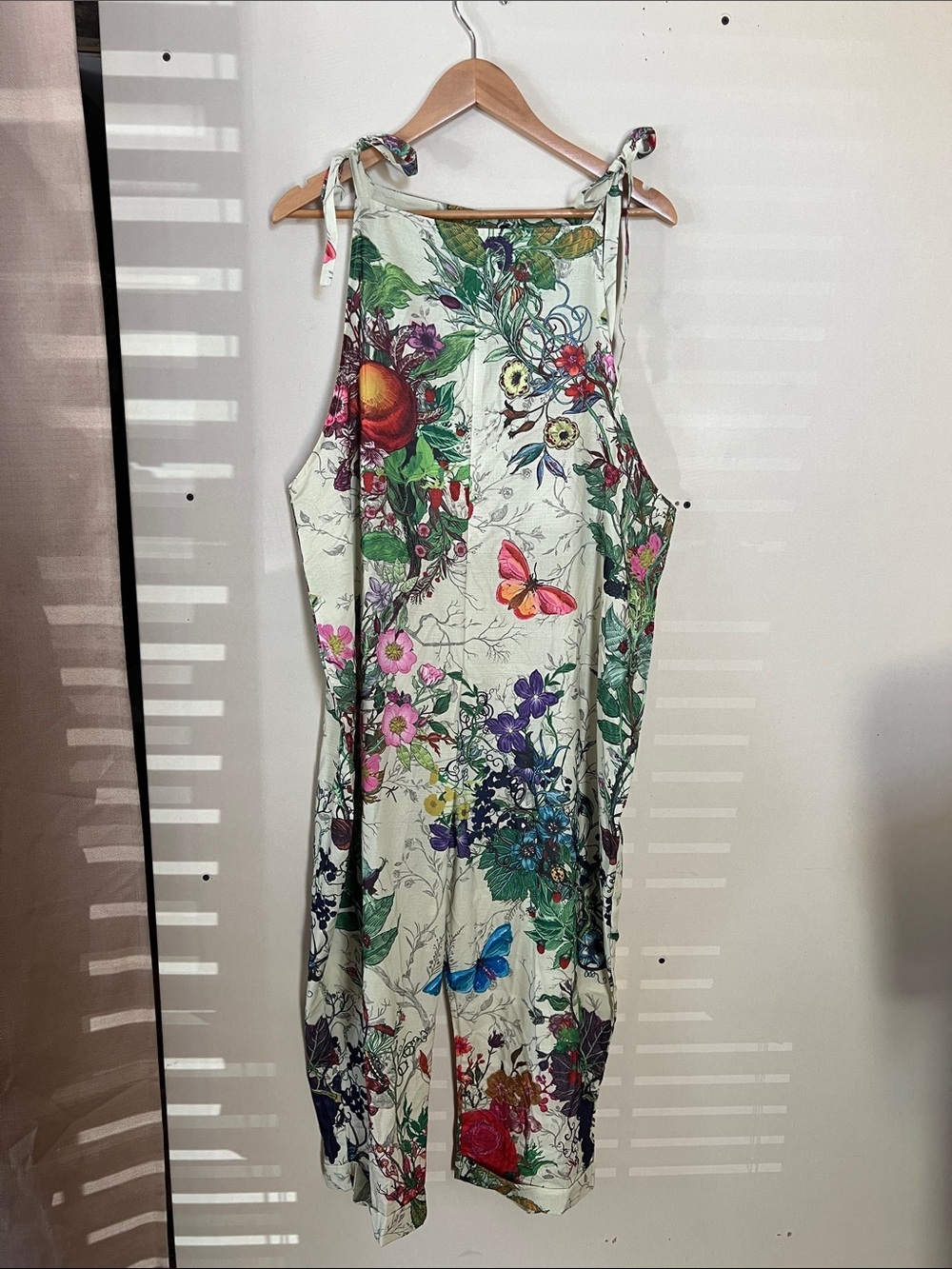 Floral Butterfly Print Tie-Shoulder Midi Dress - Cream